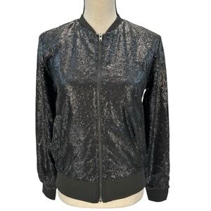 Say What Long Sleeve Zip Front Crew Neck Sequin Jacket - Black - size XS